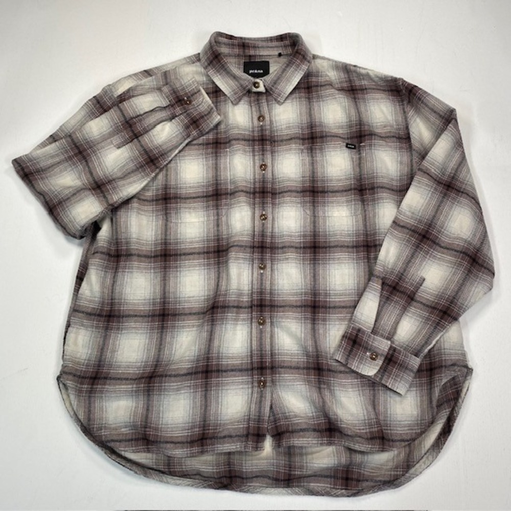 prAna Womens XL Plaid Flannel Button Down Shirt Brown Cream Long Sleeve Relaxed
